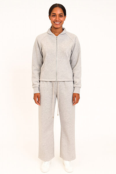 FOR YOU MODA 3 İplik Ş Fleece-Lined Women's Hooded Tracksuit Set | Gray