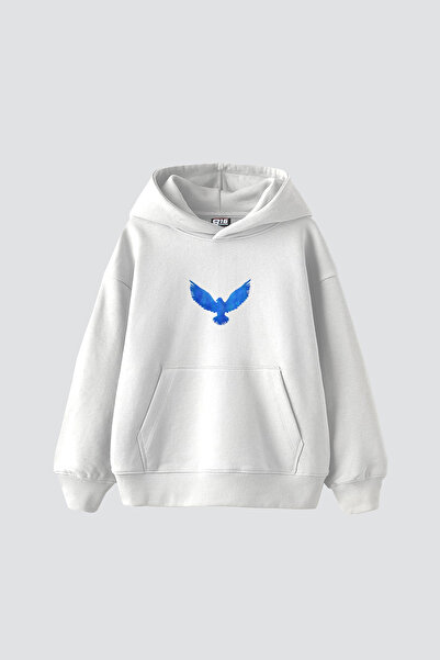 Sekizbiraltı Blue Bird με τύπωμα oversized Unisex Λευκό φούτερ με κουκούλα