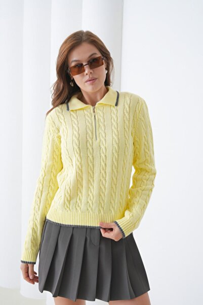 Miss Allos Women's Knitted Patterned and Zipper Detailed Collared Knitwear Sweater