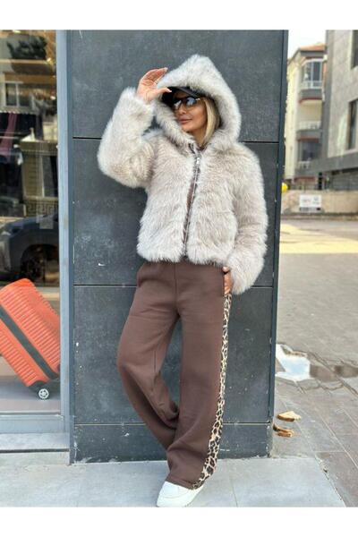 Kokoşum Butik 3992 Zippered Hooded Fur Beige