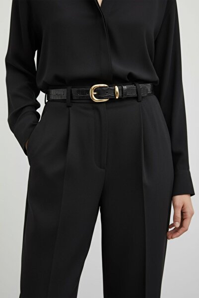 Kemerix 100% Genuine Leather Gold Buckle Set of 2 Crocodile Patterned 3 cm Women's Belt Black-Brown