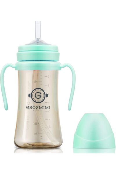 GROSMIMI كوب سحري مقاوم للانسكاب مع شفاطة ومقبض دوار، PPSU، خالٍ من BPA، 10 أونصة (أخضر مائي)