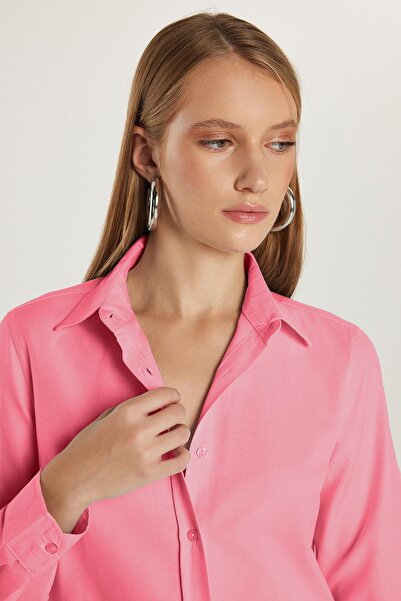 Tudors Women's Slim Fit Slim Fit Long Sleeve Cotton Bodycon Textured Pink Basic Shirt