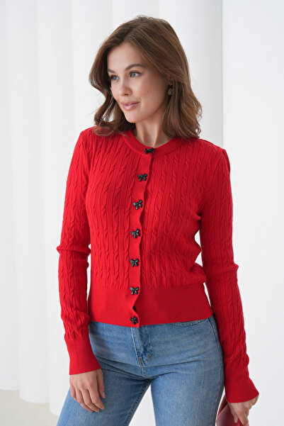 Park Karon Women's Crew Neck Button Detail Hair Knit Soft Textured Knitwear Cardigan