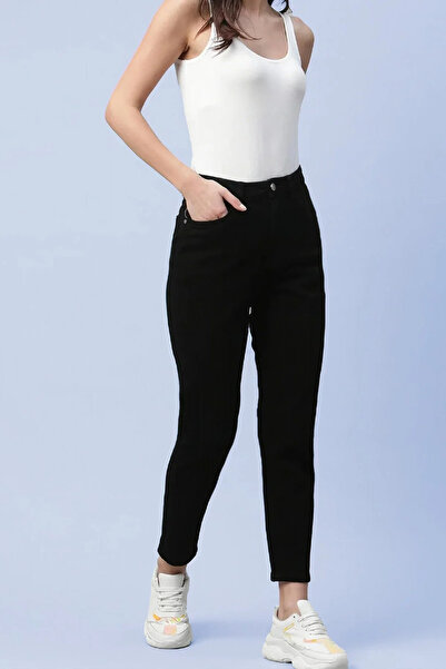 kleshus بنطلون جينز موم من القطن ذو خصر عالٍ وأزرار قصة ضيقة - جينز موم جديد Hsn