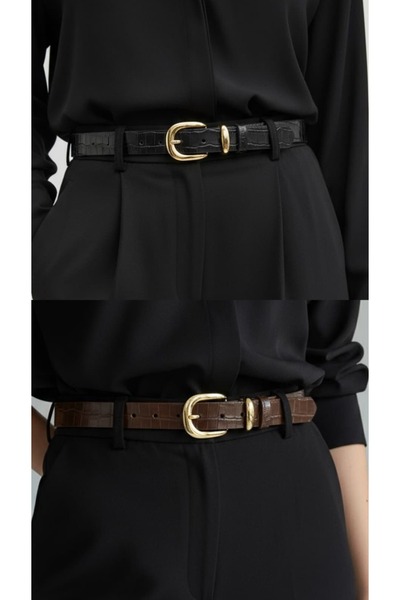 Kemerix 100% Genuine Leather Gold Buckle Set of 2 Crocodile Patterned 3 cm Women's Belt Black-Brown