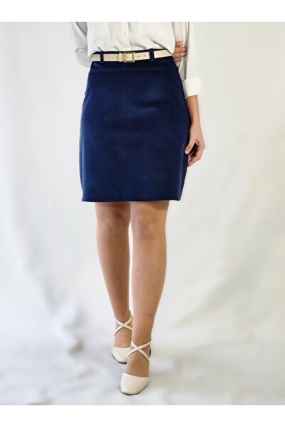 YAXİ High Waist Knee-Length Navy Blue Velvet Twill Fabric A-Line Skirt