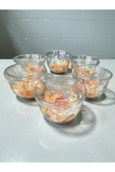 İnterlife 6-Piece Double-Walled Artificial Flower Turkish Delight Bowl, Confectionery, Coffee Side Serving, Small Glass Bowl, 7 cm