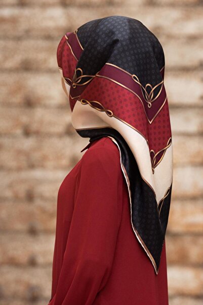 Vissona 100% mătase twill cu buline și modele geometrice, culoare negru - roș...