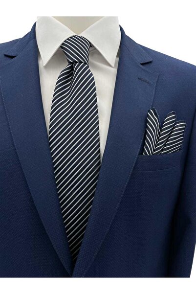 Brianze 7,5 см Синьо-біла смугаста краватка та хустинка в комплекті