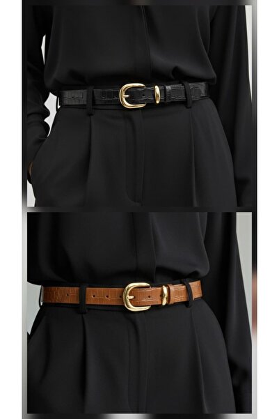 Kemerix 100% Genuine Leather Gold Buckle Set of 2 Crocodile Patterned 3 cm Women's Belt Black-Tan