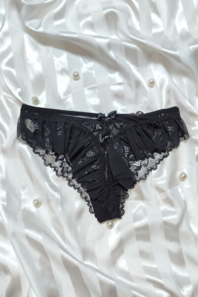 Papatya Siyah Dantel Yanları Fırfır Detaylı Transparan Kilot