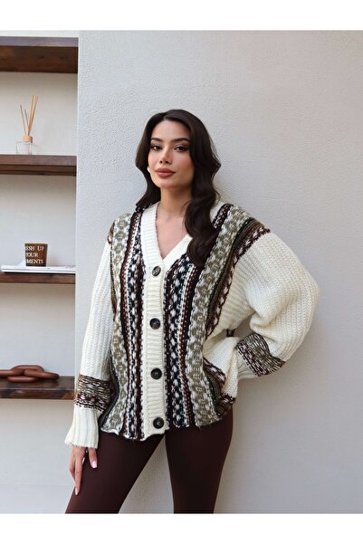 ESRAHELVACI V-Neck Ethnic Pattern Knitwear Cardigan