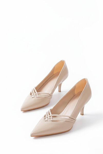 Catelyn Women's Beige Textured Leather Knitted Pointed Toe Stiletto Short Thin Heeled Shoes - 7 cm