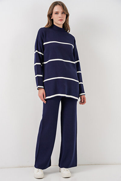 Bigdart Women's Striped Oversized Knitwear Double Set 15959 - Navy Blue