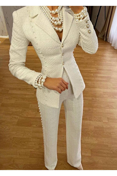 Siseniorita Women's 2-Piece Suit with Fitted Jacket and Straight Pants in Tweed with Pearls