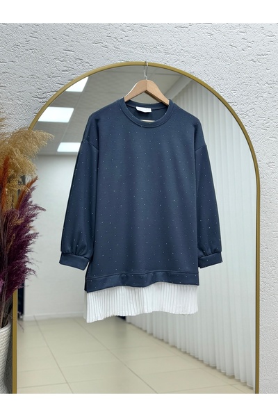 MİHRA STORE Albina Ful Stone Six Pleated Oversized Tunic-Na828 Anthracite