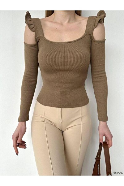 Modafeminen Flexible Fabric Ribbed Knit Blouse 581506 Camel