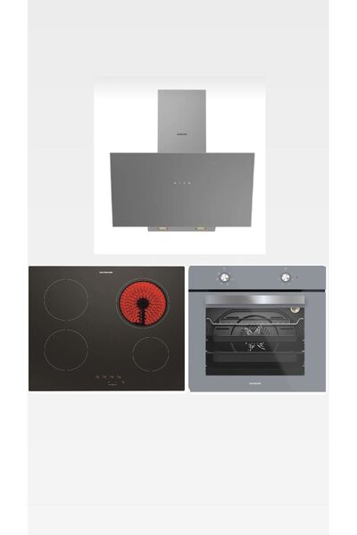 Silverline Elektrikli Ocaklı Set 3481 Gri Davlumbaz-VC8210B01 Siyah Elektrikli Ocak-BO6501S01 Gri Fırın