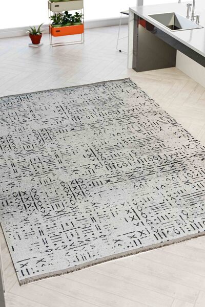 Oriente Home İskandinav Desenli Gri Şönil Makine Halısı Kaymaz Taban Yıkanabilir Mutfak Halısı 7806