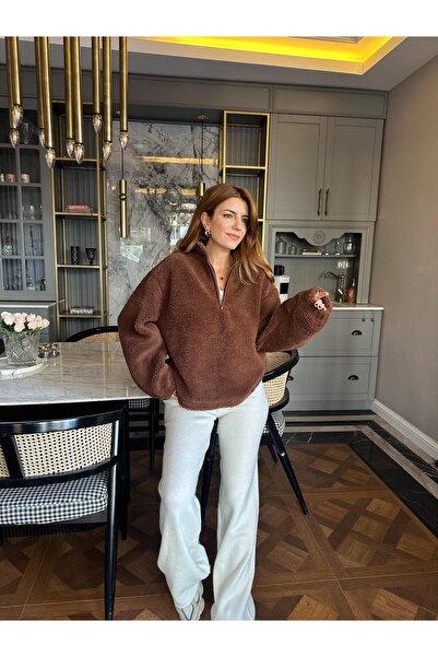 Chamakh Acı Kahve Yarım Fermuar Peluş Ceket