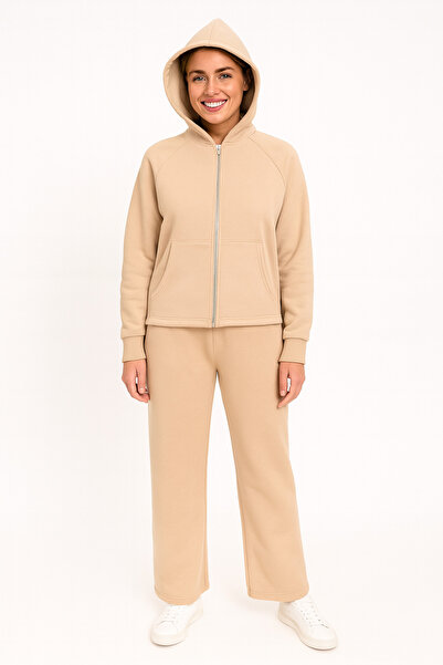 FOR YOU MODA Γυναικείο Σετ Φόρμας με επένδυση fleece Κουκούλες 3 İplik Ş |   Μπεζ