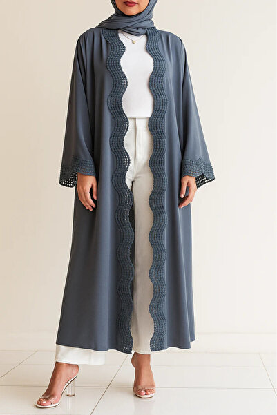 MayaCloset Premium Long Gray Nidah Cap Ferace Abaya with Elegant Lace Trim