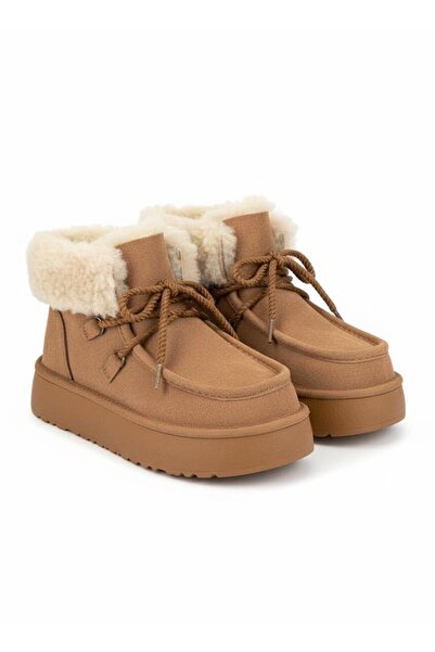 QUEEN Taba Süet Yaka Kürklü Kalın Taban Kadın Bot ugi