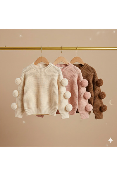Nimini Kids New Season Pompom Sleeve Detailed Crew Neck Baby Girl & Kids Sweater (2-8 Years)