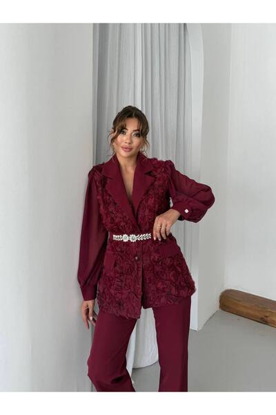 Siseniorita Women's 2-Piece Suit Embroidered Jacket with Chiffon Sleeves and Elegant Long Pants