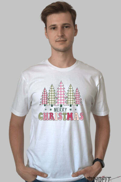 GILDAN Men's Christmas T-Shirt Festive Checkered Trees