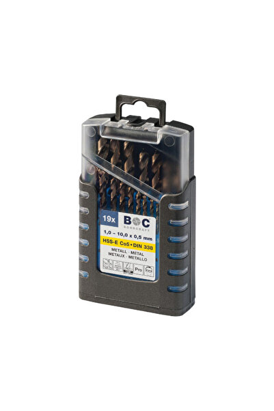 Bohrcraft Trusa burghie DIN 338, HSS-E Co 5%, rectificate, 1,0-10,0 mm x 0,5 mm / 19 piese