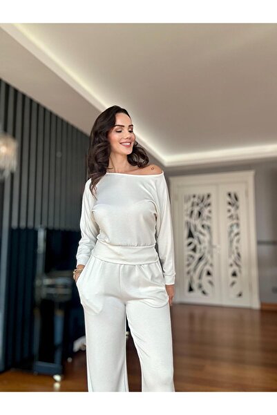 Atelier Derin Ecru Modal Boat Neck Blouse Bottom Set