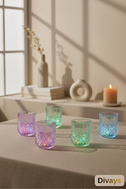 DİVAYS 6'lı Mika Kristal Işıklı LED Bardak Otomatik Aktif Renkli Parti Su Bar...