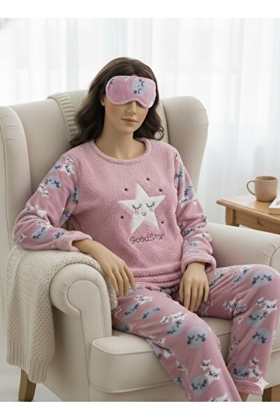 alpotekno Women's Pink Fleece Pajama Set with Eye Patch – Soft, Warm and Comfortable Sleepwear Set