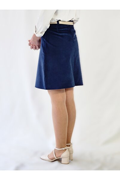 YAXİ High Waist Knee-Length Navy Blue Velvet Twill Fabric A-Line Skirt