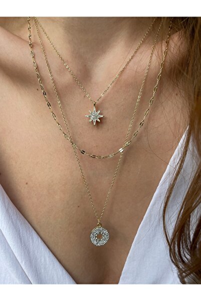 Hora 3’lü Zirkon Süslemli Yıldız Gold Kolye