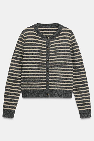 LOOSH Kadın Antrasit Bisiklet Yaka Çizgili Triko Hırka