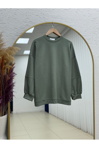 MİHRA STORE Alara Full Stone Oversized Tunic-Na829 Khaki