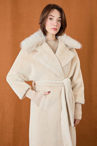 Puane Women's Double Collar Belted Angora Coat 15229