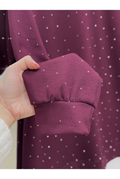 MİHRA STORE Albina Ful Stone Six Pleated Oversized Tunic-Na828 Burgundy