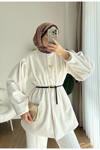 RFK Butik Women's Button Detailed Belted New Season Thai Feather Jacket - Cream