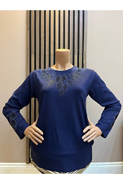 AKMAVİ Kadın Orta Yaş Ve Üzeri Yonca Vizyon İşlemeli Taşlı Lacivert Anne Peny...