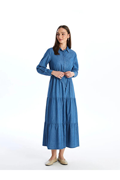 LCW Modest Indigo Gömlek Yaka Düz Uzun Kollu Kadın Jean Elbise