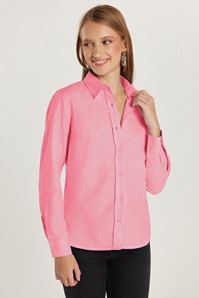 Tudors Women's Slim Fit Slim Fit Long Sleeve Cotton Bodycon Textured Pink Basic Shirt