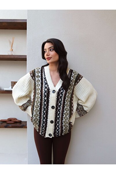 ESRAHELVACI V-Neck Ethnic Pattern Knitwear Cardigan