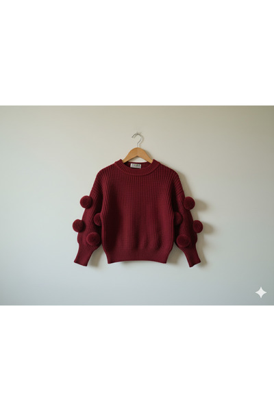 Nimini Kids New Season Pompom Sleeve Detailed Crew Neck Baby Girl & Kids Sweater (2-8 Years)