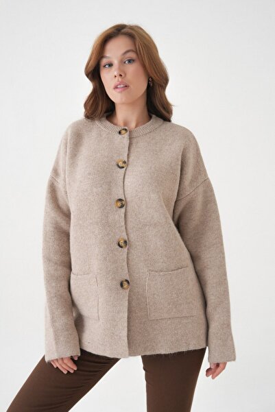 Miss Allos Women's Knitted Jacket with Buttons on the Front and Pocket Detail with Scarf