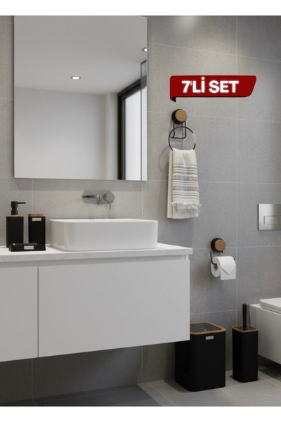 Okyanus Home 5Parça Kare Mina Banyo Seti , Havluluk ve Wc kağıtlık Siyah-Ahşap