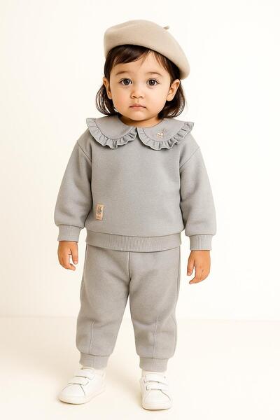 RAPAPA Girl's Ruffle Collar 3 Thread Ş Fleece-Lined Tracksuit Set – Gray 10713